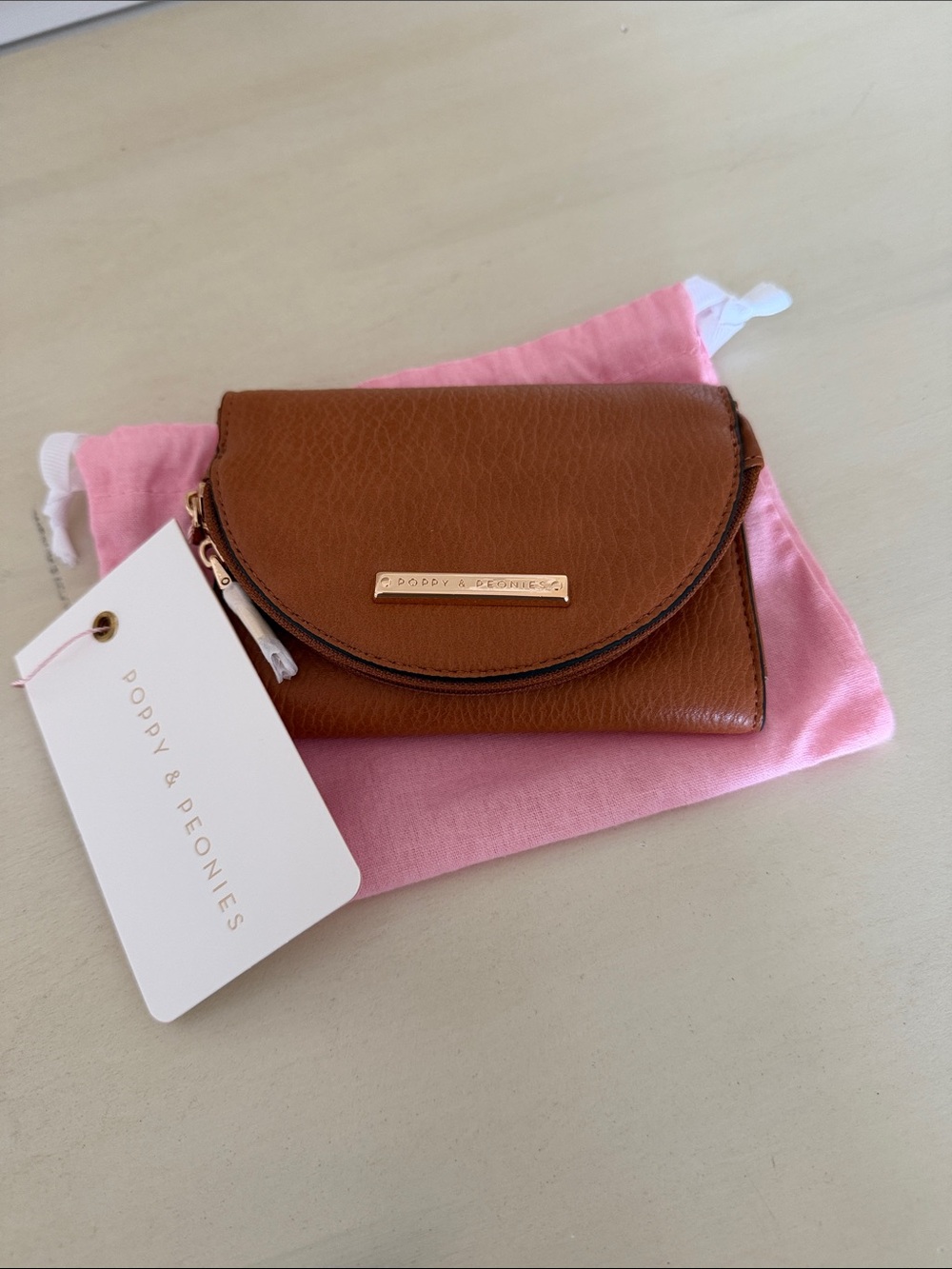 Poppy & Peonies Margeaux Cognac Pebble Leather Fold Wallet with Gold - NWT